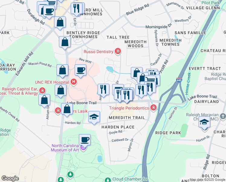 map of restaurants, bars, coffee shops, grocery stores, and more near 2421 Landmark Drive in Raleigh