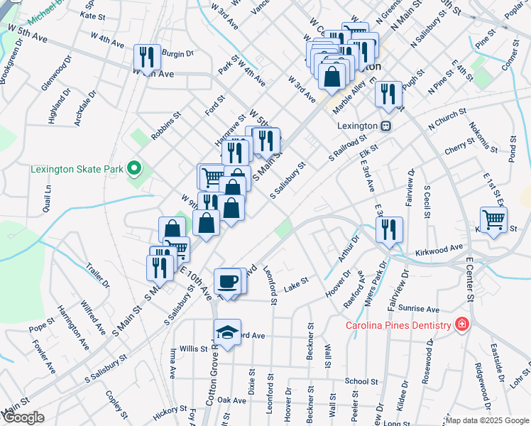 map of restaurants, bars, coffee shops, grocery stores, and more near 715 S Salisbury St in Lexington