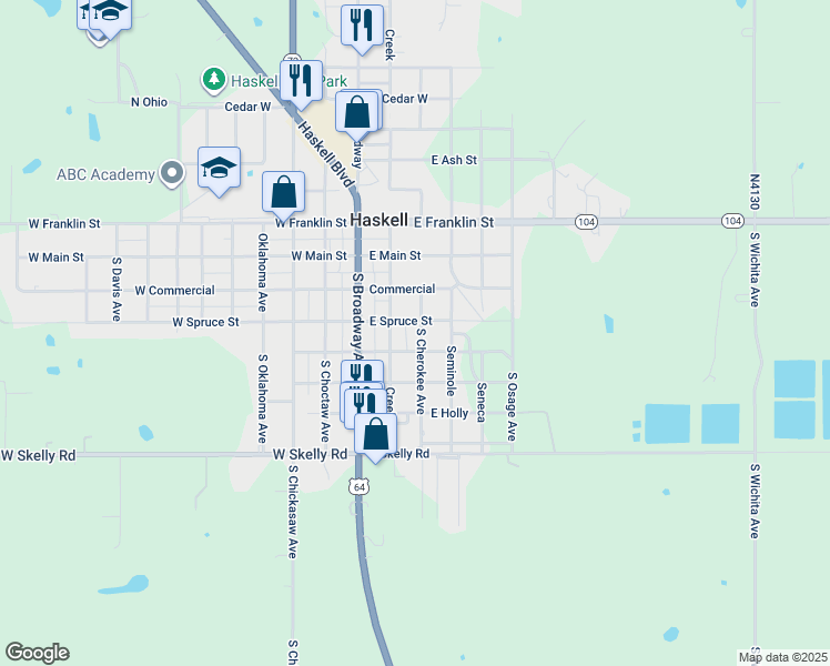 map of restaurants, bars, coffee shops, grocery stores, and more near 309 Cherokee Street in Haskell
