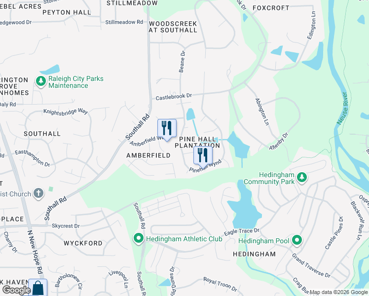 map of restaurants, bars, coffee shops, grocery stores, and more near 5305 Green Feather Lane in Raleigh