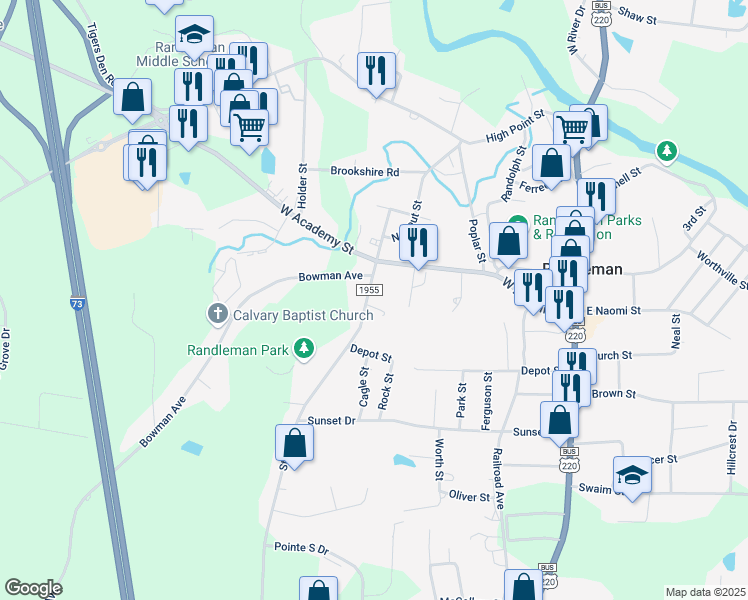 map of restaurants, bars, coffee shops, grocery stores, and more near 111 South Stout Street in Randleman