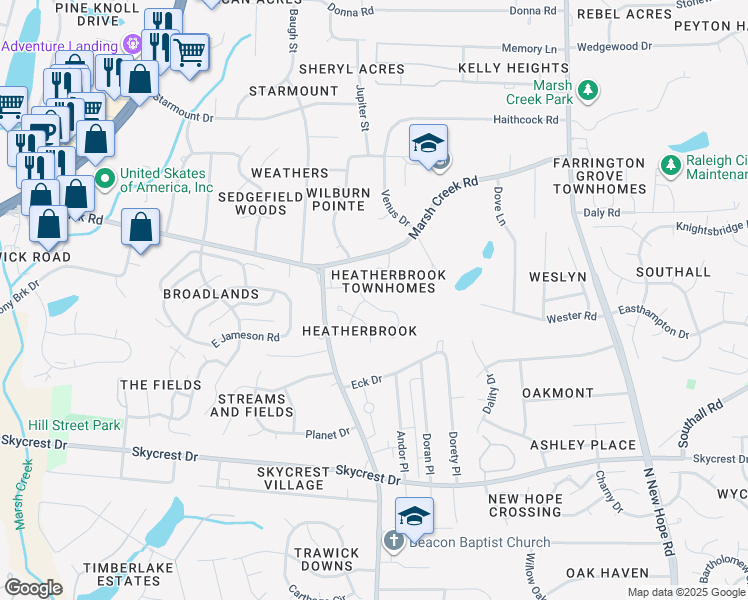 map of restaurants, bars, coffee shops, grocery stores, and more near 3617 Wickersham Way in Raleigh