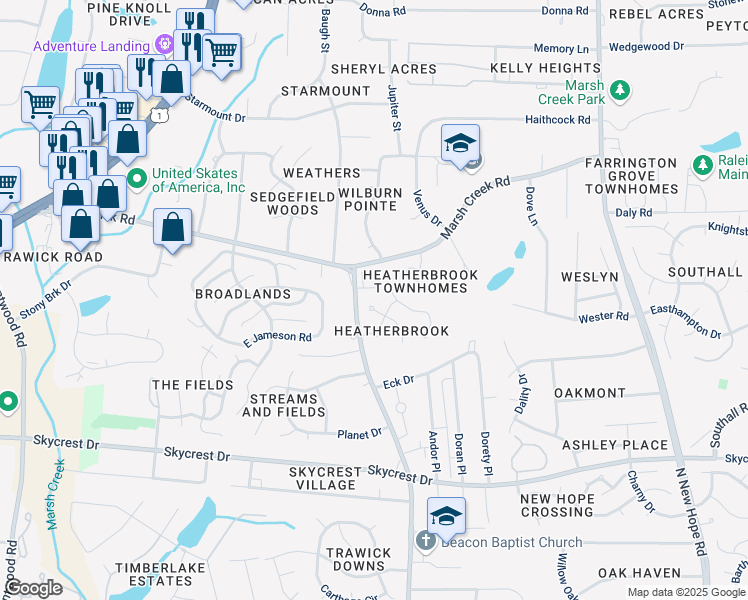 map of restaurants, bars, coffee shops, grocery stores, and more near 2808 Fernhurst Court in Raleigh