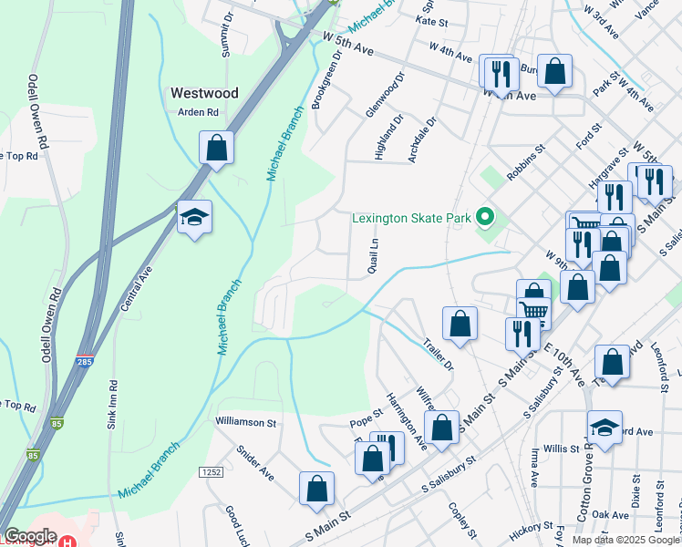 map of restaurants, bars, coffee shops, grocery stores, and more near 604 Hunters Way in Lexington