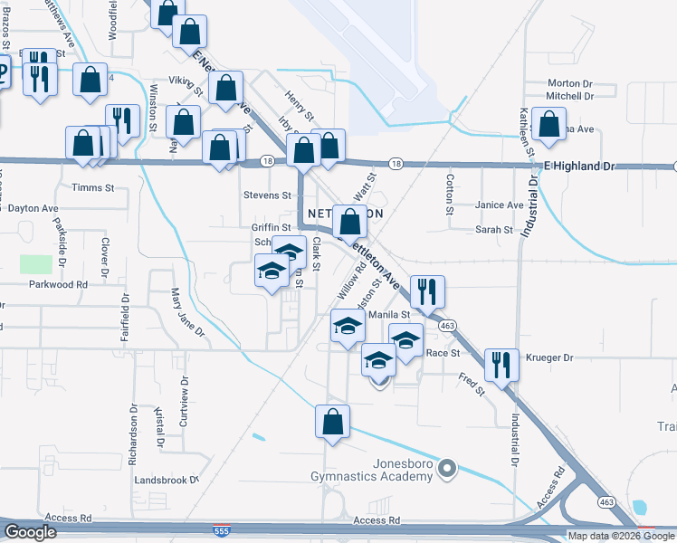 map of restaurants, bars, coffee shops, grocery stores, and more near 2212 Clark Street in Jonesboro
