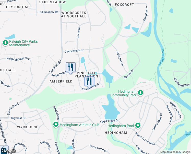 map of restaurants, bars, coffee shops, grocery stores, and more near 5423 Green Feather Lane in Raleigh