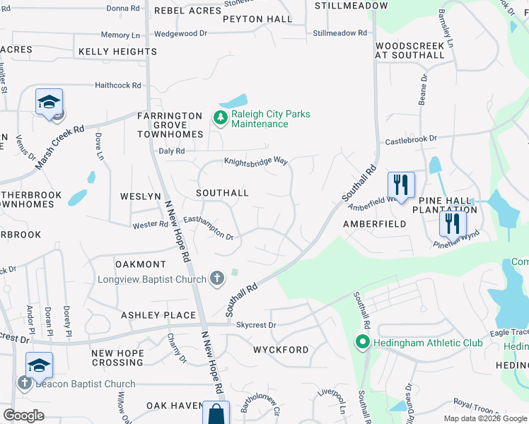 map of restaurants, bars, coffee shops, grocery stores, and more near 2517 Birchford Court in Raleigh