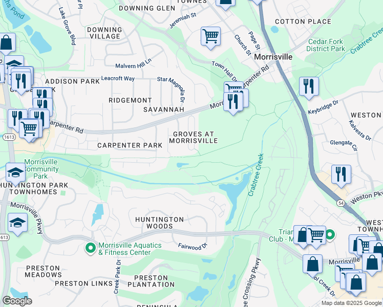 map of restaurants, bars, coffee shops, grocery stores, and more near 314 Misty Groves Circle in Morrisville