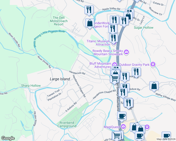 map of restaurants, bars, coffee shops, grocery stores, and more near 322 Meadowbrook Drive in Sevierville