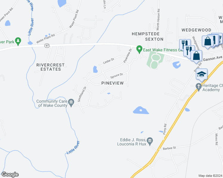map of restaurants, bars, coffee shops, grocery stores, and more near 1317 Sasswood Lane in Zebulon