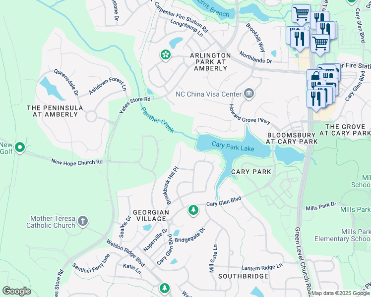 map of restaurants, bars, coffee shops, grocery stores, and more near 212 Brookbank Hill Place in Cary