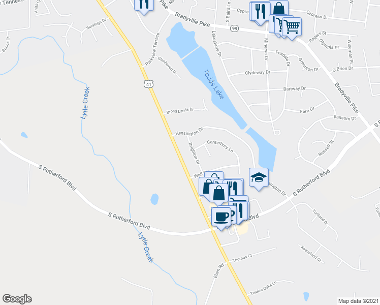 map of restaurants, bars, coffee shops, grocery stores, and more near 1818 Brighton Drive in Murfreesboro