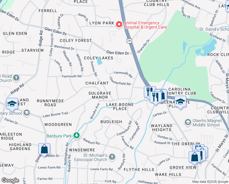 map of restaurants, bars, coffee shops, grocery stores, and more near 3110 Sussex Road in Raleigh