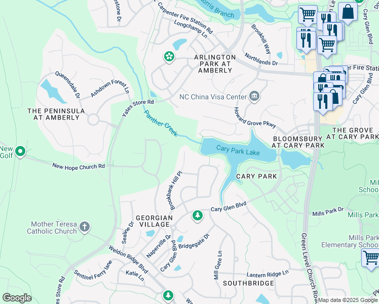 map of restaurants, bars, coffee shops, grocery stores, and more near 212 Brookbank Hill Place in Cary