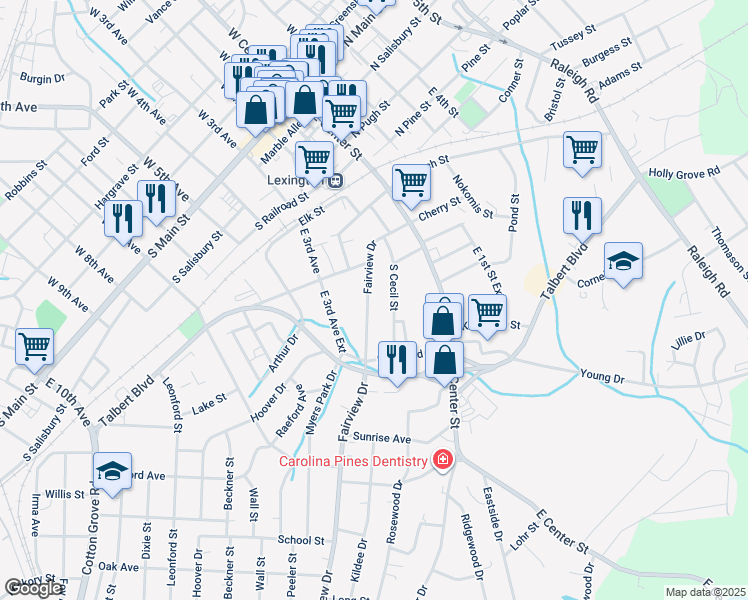 map of restaurants, bars, coffee shops, grocery stores, and more near 219 Fairview Drive in Lexington