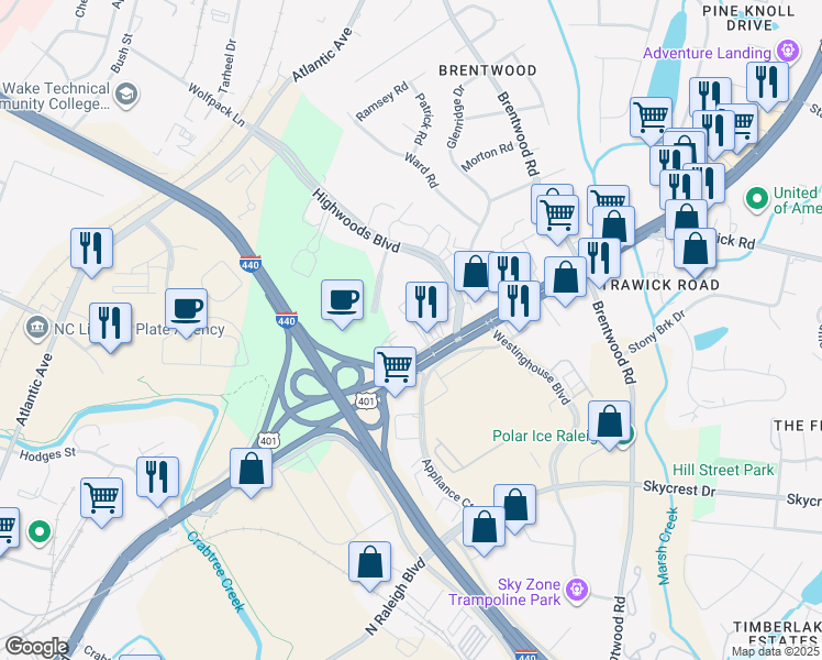 map of restaurants, bars, coffee shops, grocery stores, and more near 2715 Capital Blvd in Raleigh