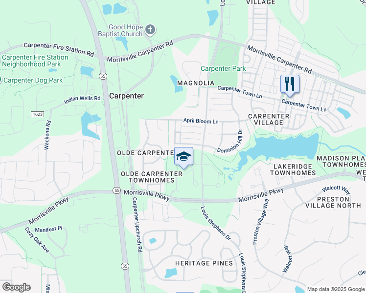 map of restaurants, bars, coffee shops, grocery stores, and more near 1111 Dominion Hill Dr in Cary