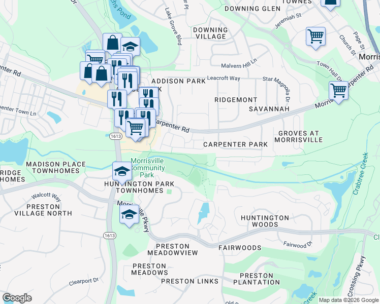 map of restaurants, bars, coffee shops, grocery stores, and more near 2000 Claret Lane in Morrisville