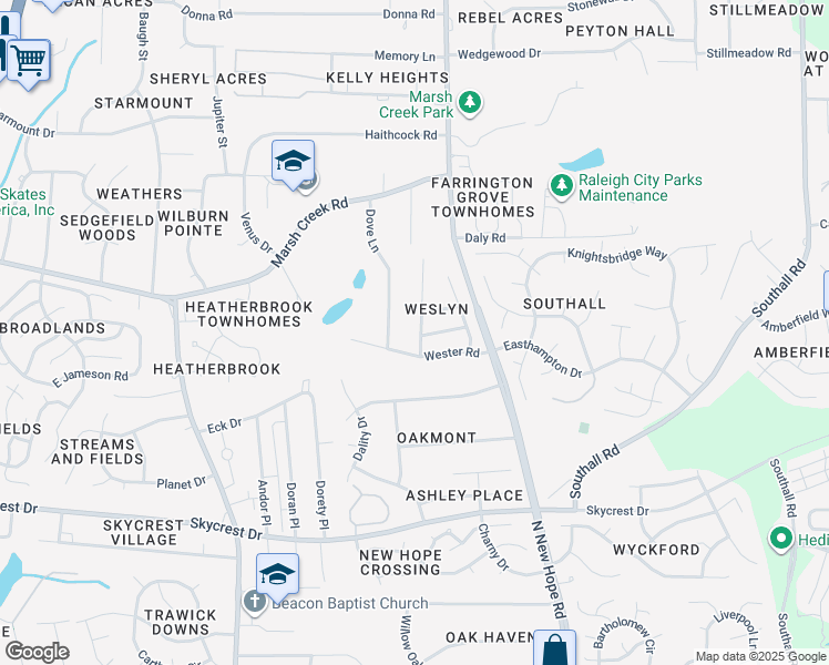 map of restaurants, bars, coffee shops, grocery stores, and more near 4007 Oatgrass Lane in Raleigh