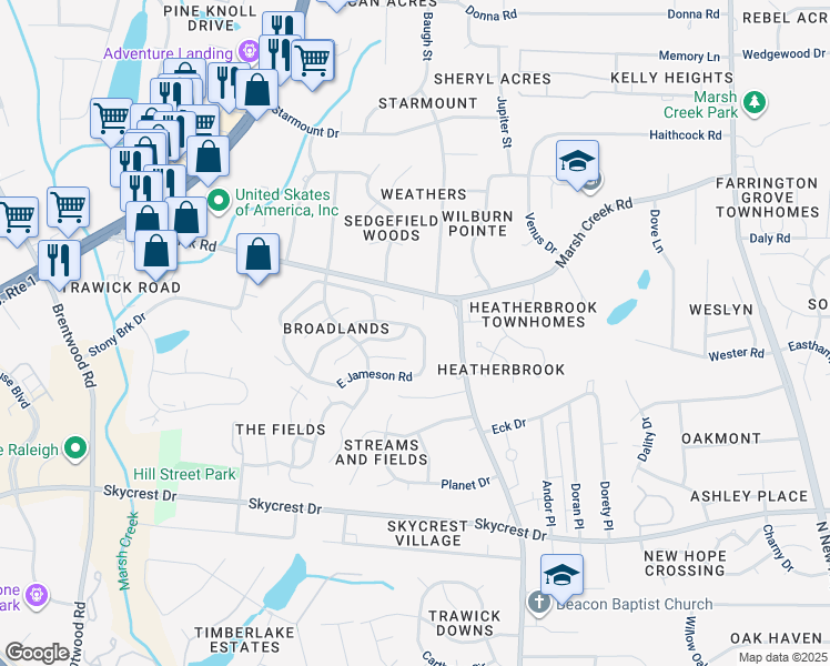 map of restaurants, bars, coffee shops, grocery stores, and more near 3500 East Jameson Road in Raleigh