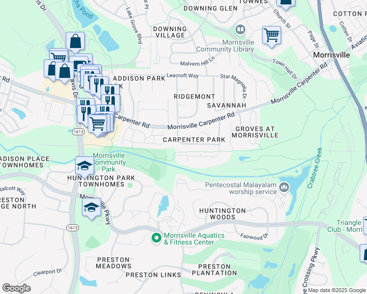 map of restaurants, bars, coffee shops, grocery stores, and more near 305 Millet Drive in Morrisville