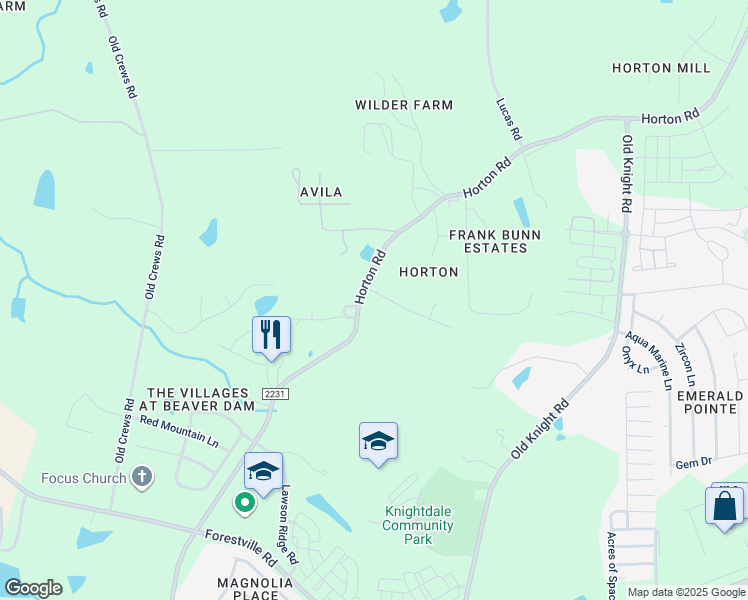 map of restaurants, bars, coffee shops, grocery stores, and more near 1532 Horton Road in Knightdale