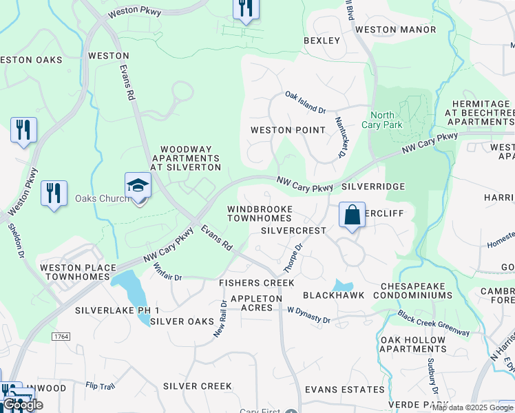 map of restaurants, bars, coffee shops, grocery stores, and more near 210 Windbyrne Drive in Cary