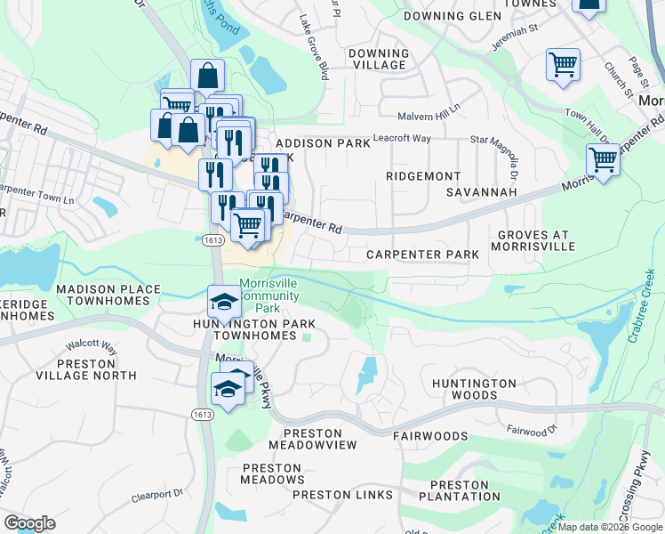 map of restaurants, bars, coffee shops, grocery stores, and more near 2000 Claret Lane in Morrisville