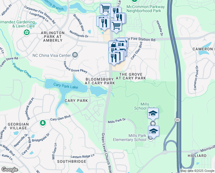 map of restaurants, bars, coffee shops, grocery stores, and more near 203 Broadgait Brae Road in Cary