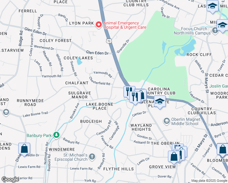 map of restaurants, bars, coffee shops, grocery stores, and more near 300 Cambridge Woods Way in Raleigh