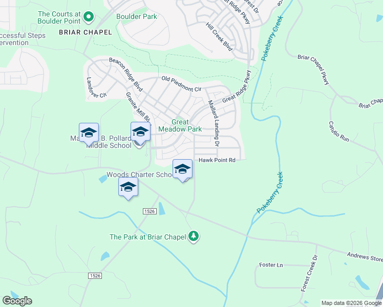 map of restaurants, bars, coffee shops, grocery stores, and more near 96 Woodland Grove Lane in Chapel Hill