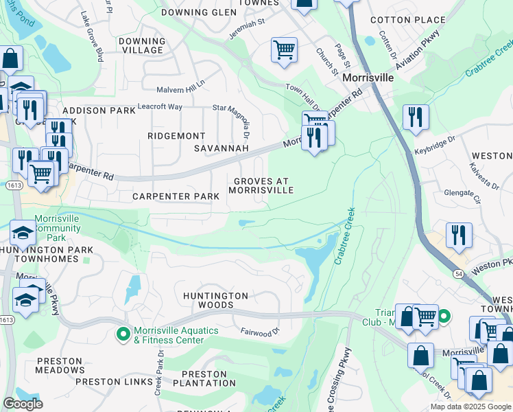 map of restaurants, bars, coffee shops, grocery stores, and more near 312 Misty Groves Circle in Morrisville