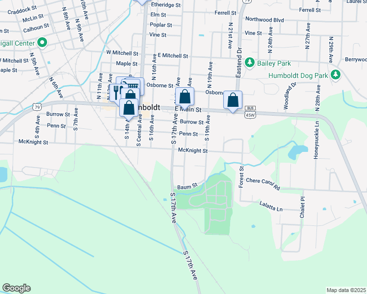 map of restaurants, bars, coffee shops, grocery stores, and more near 1719 McKnight Street in Humboldt
