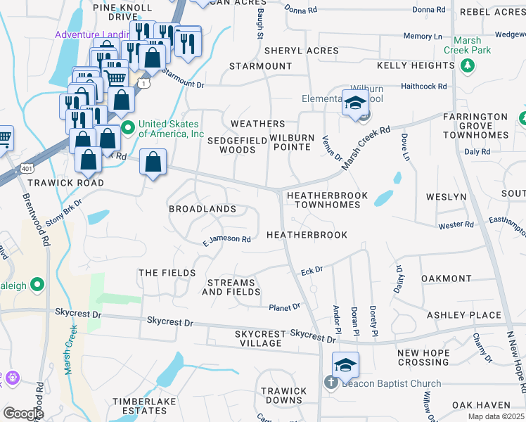 map of restaurants, bars, coffee shops, grocery stores, and more near 3509 East Jameson Road in Raleigh