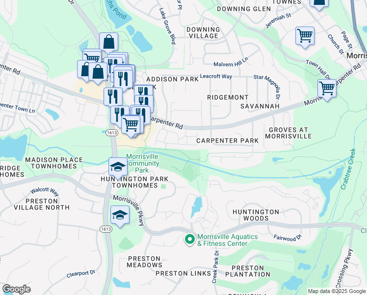 map of restaurants, bars, coffee shops, grocery stores, and more near 2021 Claret Lane in Morrisville