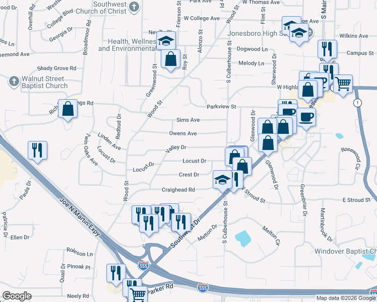 map of restaurants, bars, coffee shops, grocery stores, and more near 725 Valley Drive in Jonesboro