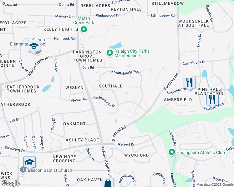 map of restaurants, bars, coffee shops, grocery stores, and more near 4401 Birmingham Way in Raleigh