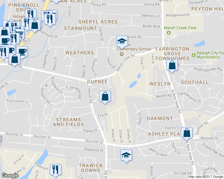 map of restaurants, bars, coffee shops, grocery stores, and more near 2900 Faversham Place in Raleigh