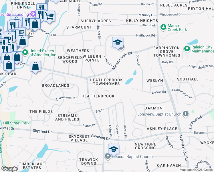 map of restaurants, bars, coffee shops, grocery stores, and more near 3617 Wickersham Way in Raleigh