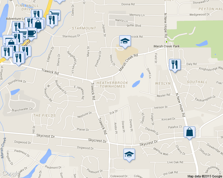 map of restaurants, bars, coffee shops, grocery stores, and more near 3617 Wickersham Way in Raleigh