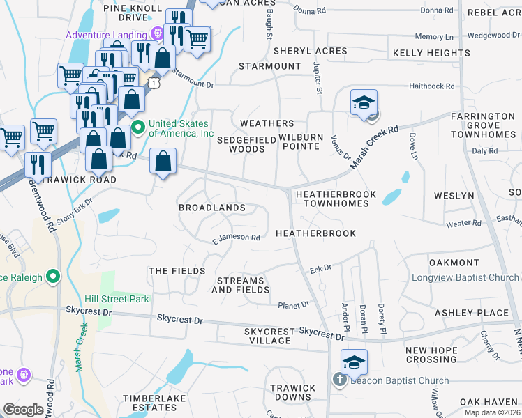 map of restaurants, bars, coffee shops, grocery stores, and more near 3500 East Jameson Road in Raleigh