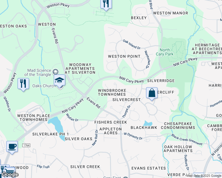 map of restaurants, bars, coffee shops, grocery stores, and more near 210 Windbyrne Drive in Cary