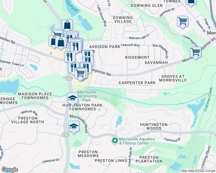 map of restaurants, bars, coffee shops, grocery stores, and more near 2000 Claret Lane in Morrisville