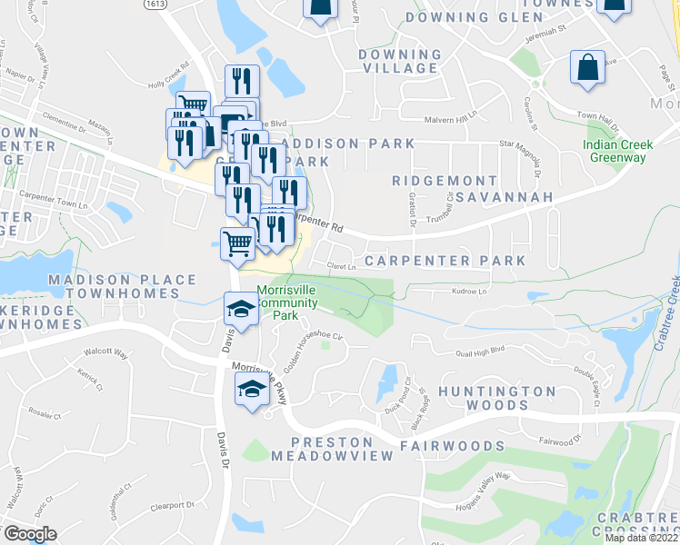 map of restaurants, bars, coffee shops, grocery stores, and more near 916 Claret Lane in Morrisville