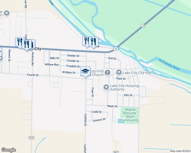 map of restaurants, bars, coffee shops, grocery stores, and more near 800 Fourth Street in Lake City