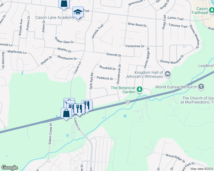map of restaurants, bars, coffee shops, grocery stores, and more near 2432 Saddlewood Court in Murfreesboro