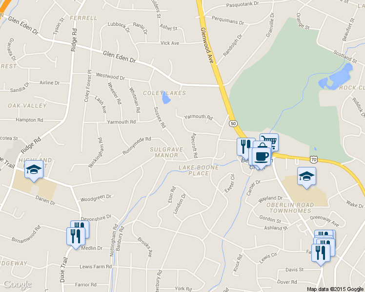 map of restaurants, bars, coffee shops, grocery stores, and more near 3110 Sussex Road in Raleigh