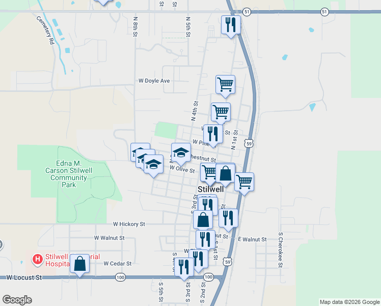 map of restaurants, bars, coffee shops, grocery stores, and more near 319 West Chestnut Street in Stilwell