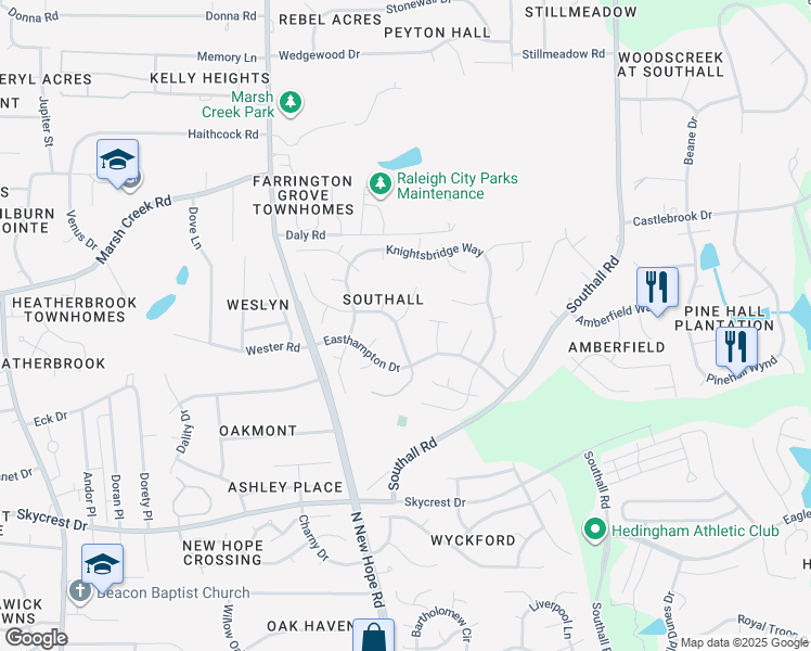 map of restaurants, bars, coffee shops, grocery stores, and more near 4401 Birmingham Way in Raleigh