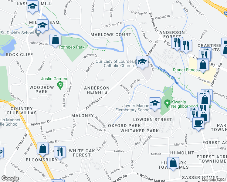 map of restaurants, bars, coffee shops, grocery stores, and more near 2722 Anderson Drive in Raleigh